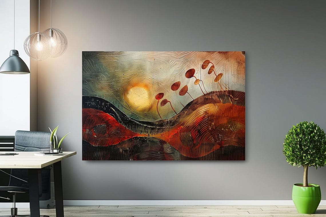 Abstract Sunset Hills in Rust and Amber Textured Landscape Poster - Image 3