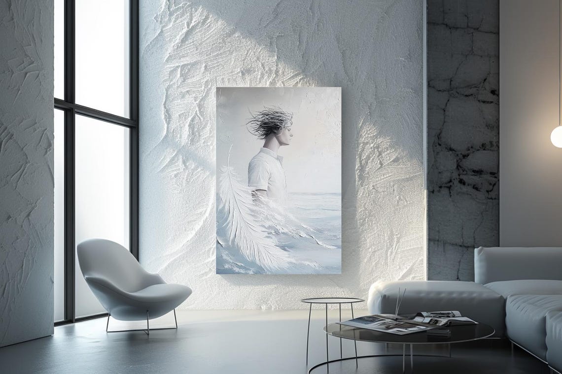 Young Man Profile With Giant White Feather On Pale Blue Poster - Image 2