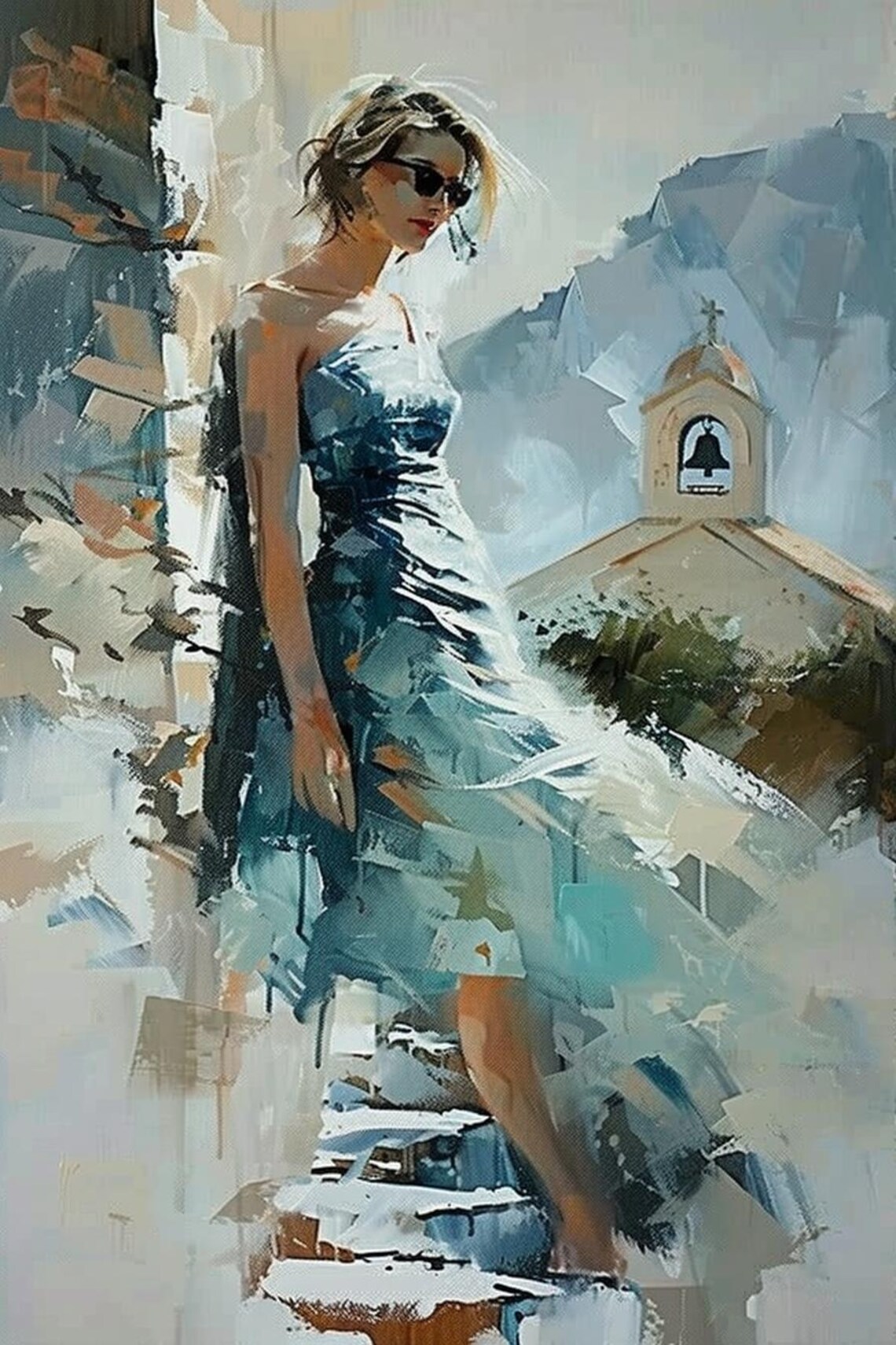Woman in Blue Dress by a Village Church Bell Tower Painting Poster - Image 2