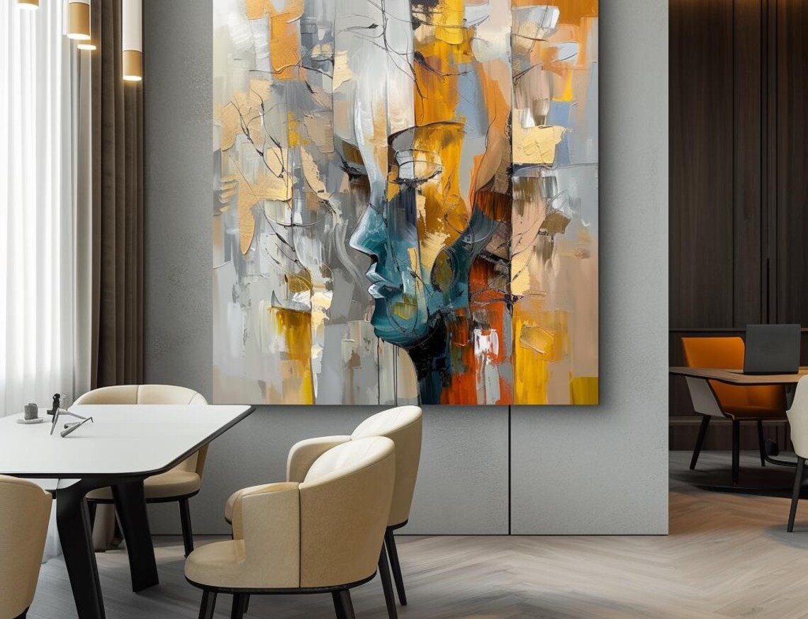 Abstract Profile Face In Teal And Ochre Palette Knife Poster
