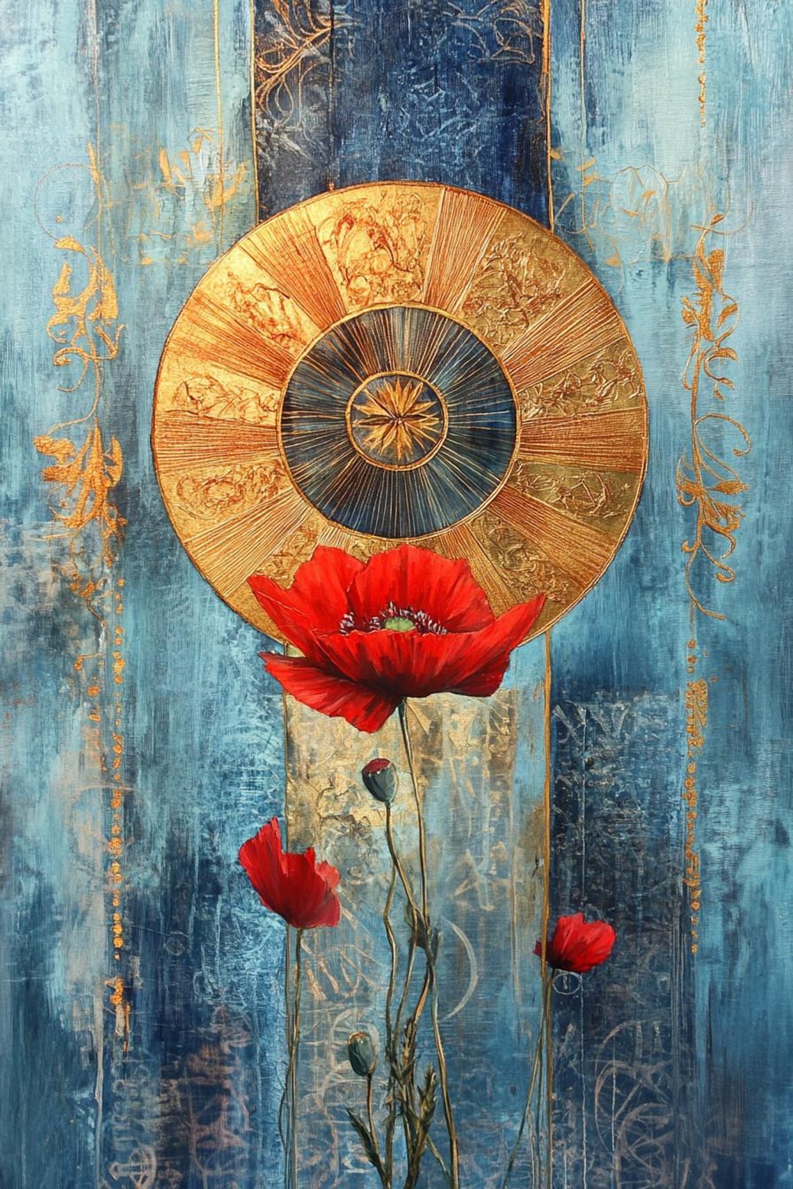 Gold Sun Medallion Over Red Poppy Blue Abstract Floral Poster - Image 2