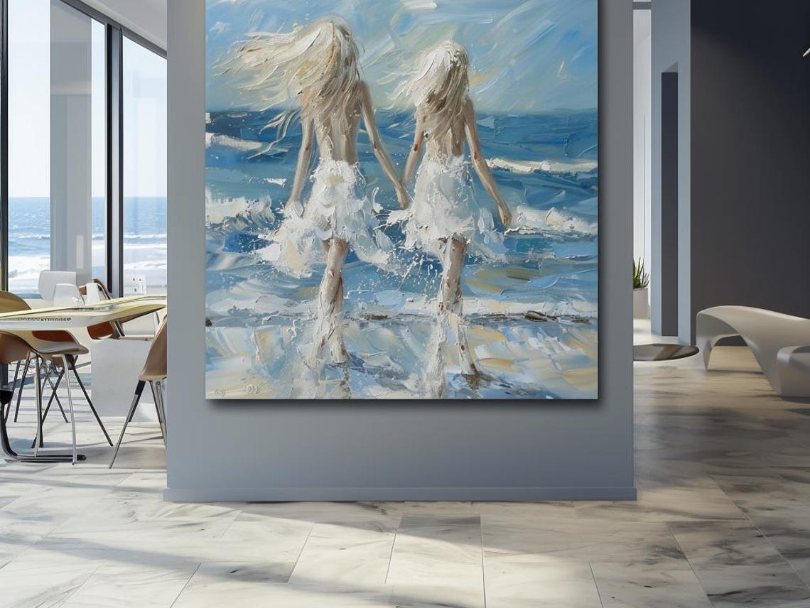 Two Happy Girls Holding Hands Walking Into Sparkling Ocean Surf Poster
