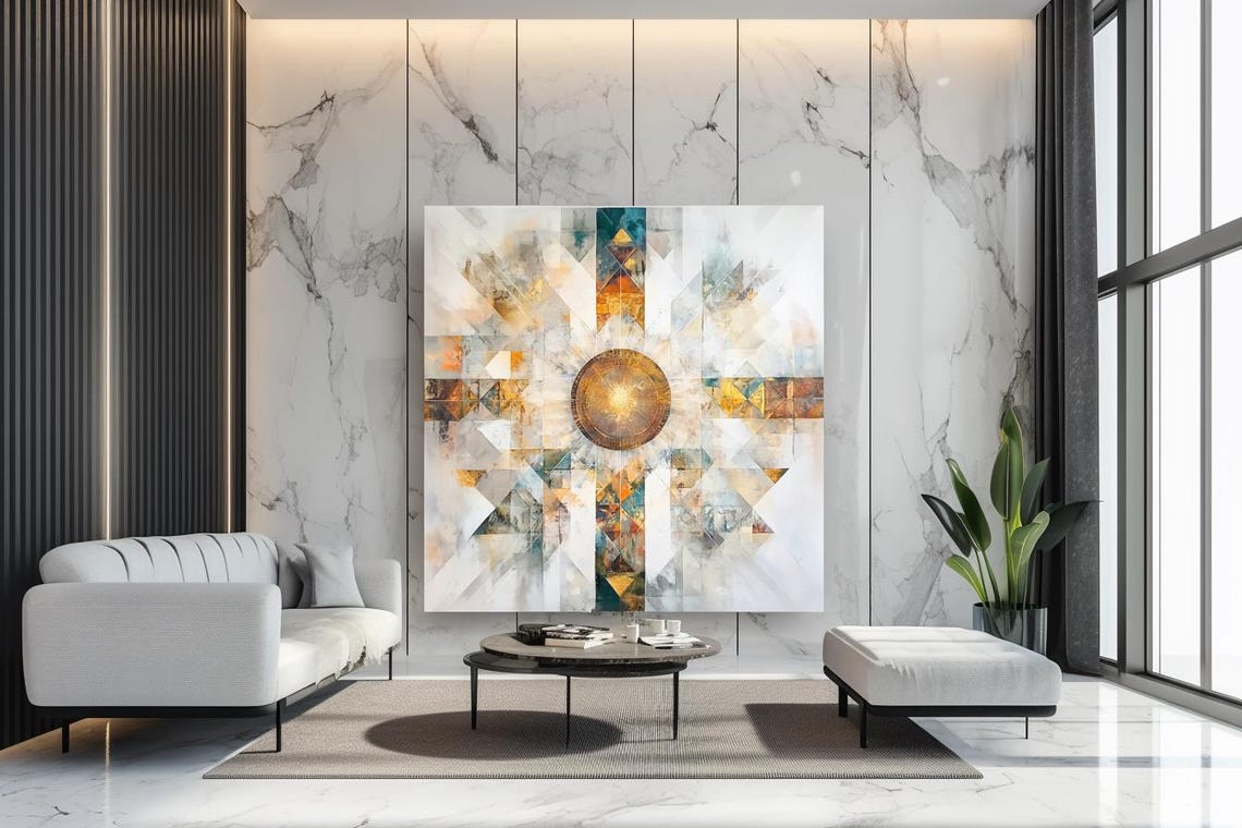 White Geometric Starburst with Golden Center Medallion Art Poster - Image 3