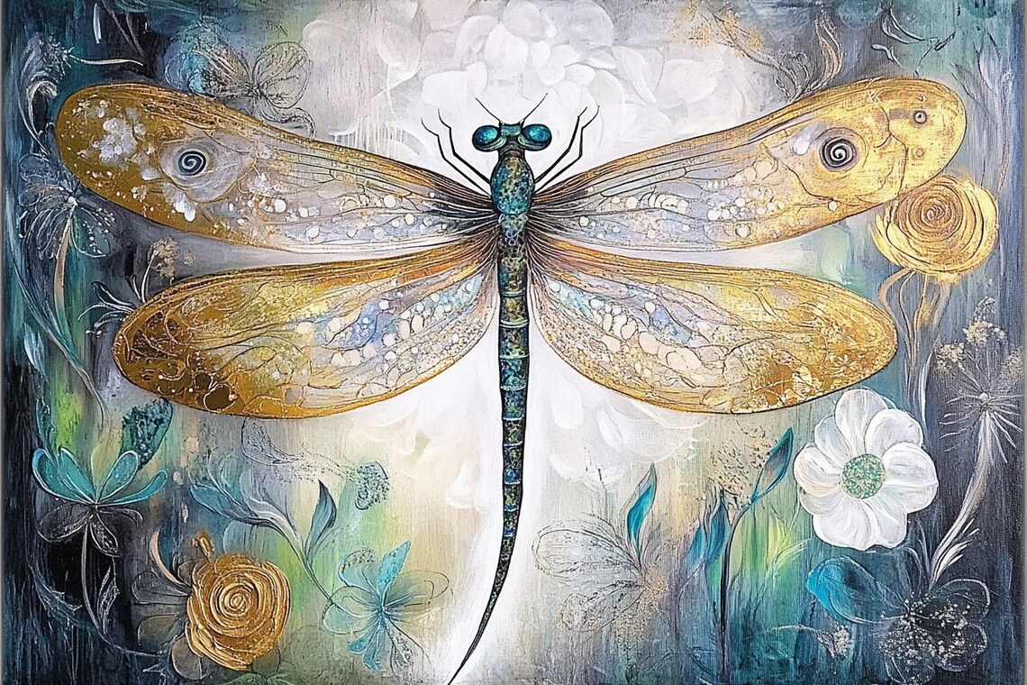 Golden Dragonfly Among Flowers Abstract Watercolor Painting Poster - Image 2