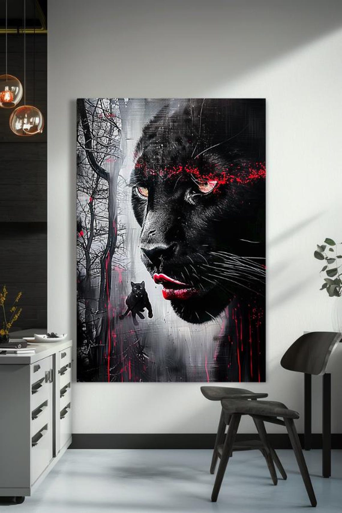 Black Panther Face Close Up With Red Drips And Small Cat Poster - Image 3