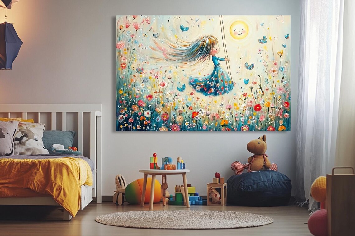 Dream Swing Girl On Swing Among Wildflowers Whimsical Poster