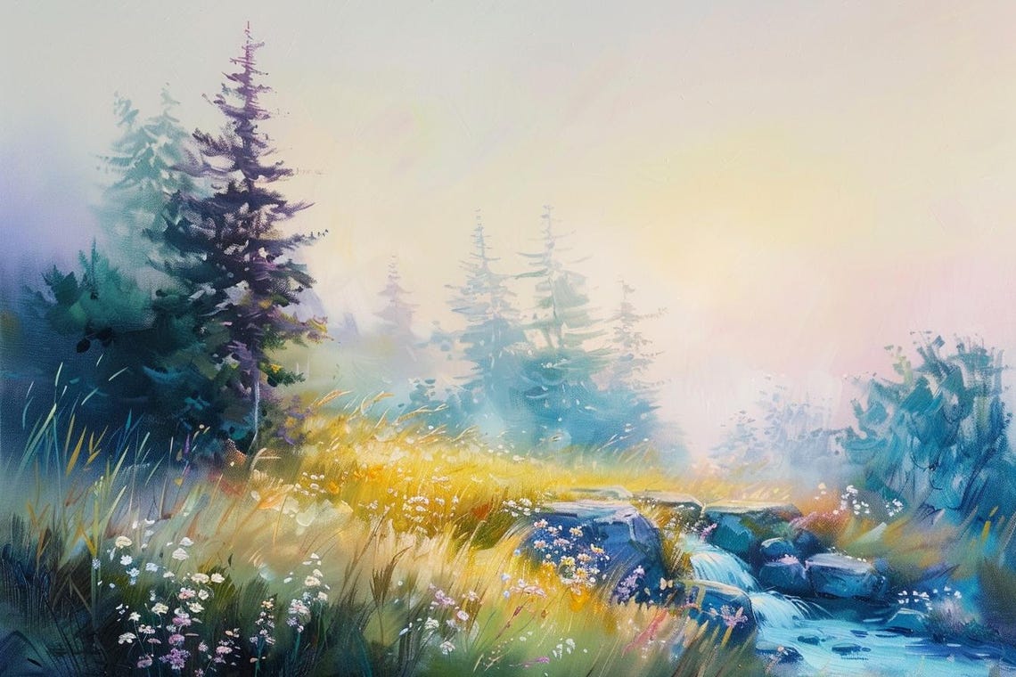 Misty Spring Forest With Stream Soft Watercolor Nature Poster - Image 2