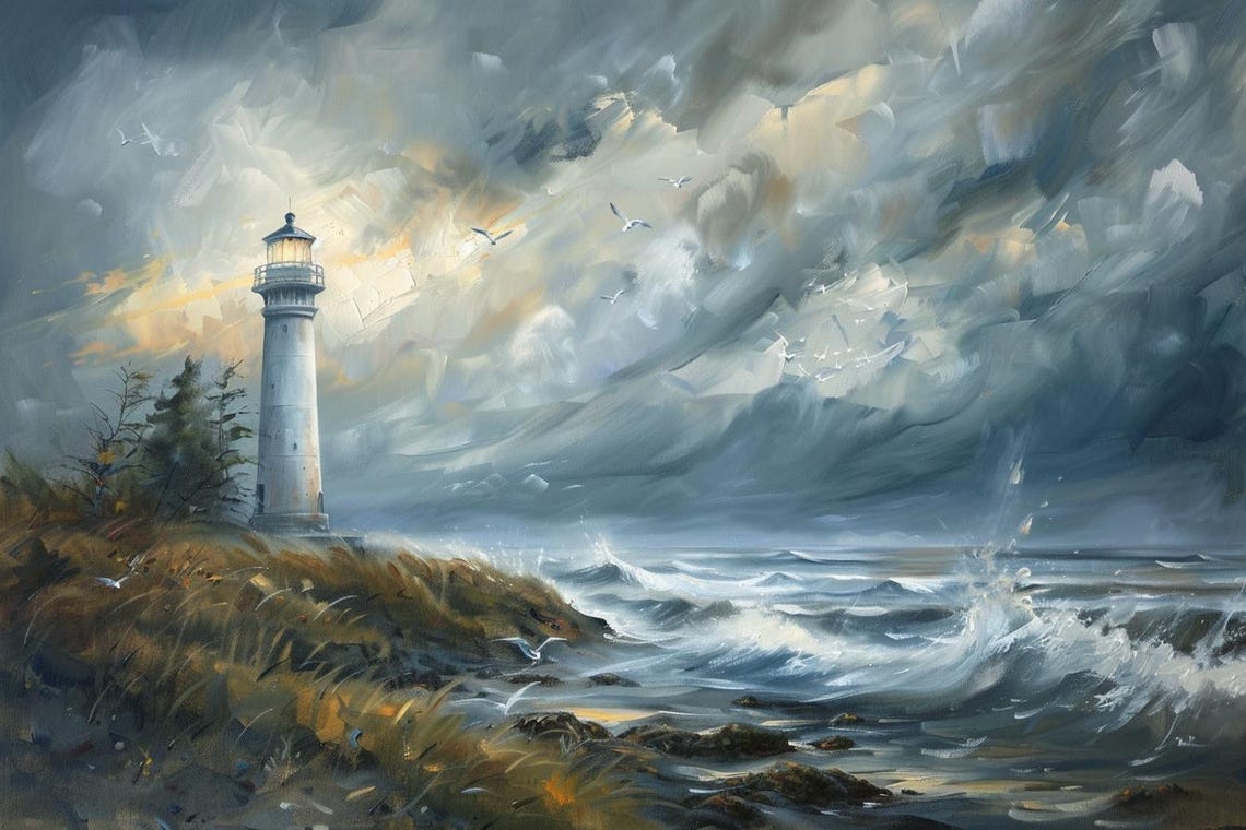 Painting Lighthouse Abstract Stretched Painting Wall Art Print Contemporary Artwork For Home Decor - Image 2