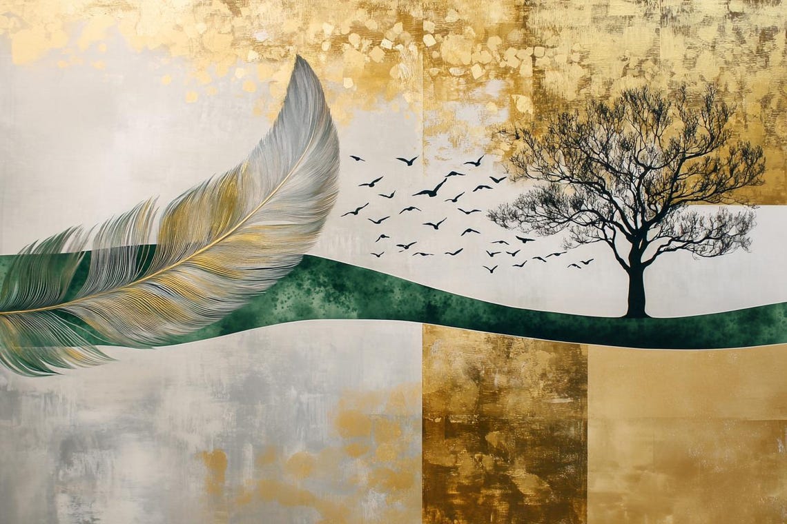 Curves Feather Tree And Birds Gold Green Abstract Art Poster - Image 2