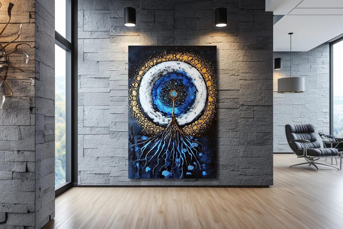 Tree Of Life Inside Blue And Gold Cosmic Circle On Black Poster - Image 3