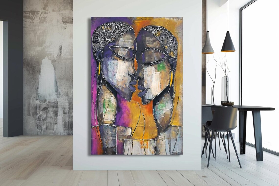 Abstract Mosaic Of Two Women Kissing In Purple And Gold Poster