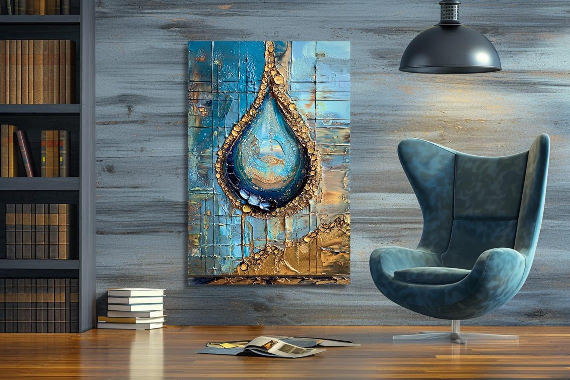 "Depth" Blue And Gold Abstract Teardrop On Cracked Texture Poster - Image 3
