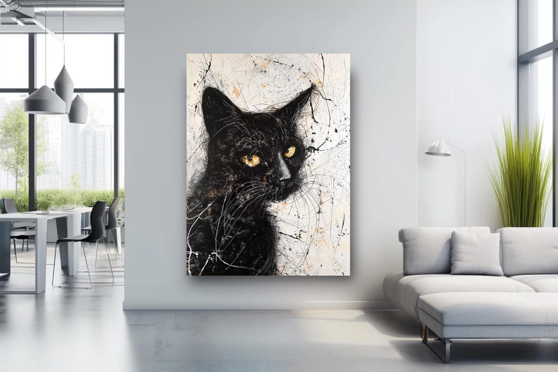 Black Cat With Golden Eyes Expressive Splatter Art Portrait Poster