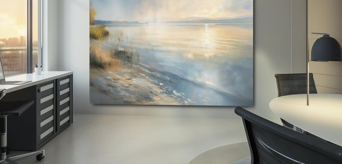 Soft Sunrise Over Calm Lake With Reeds Watercolor Art Poster