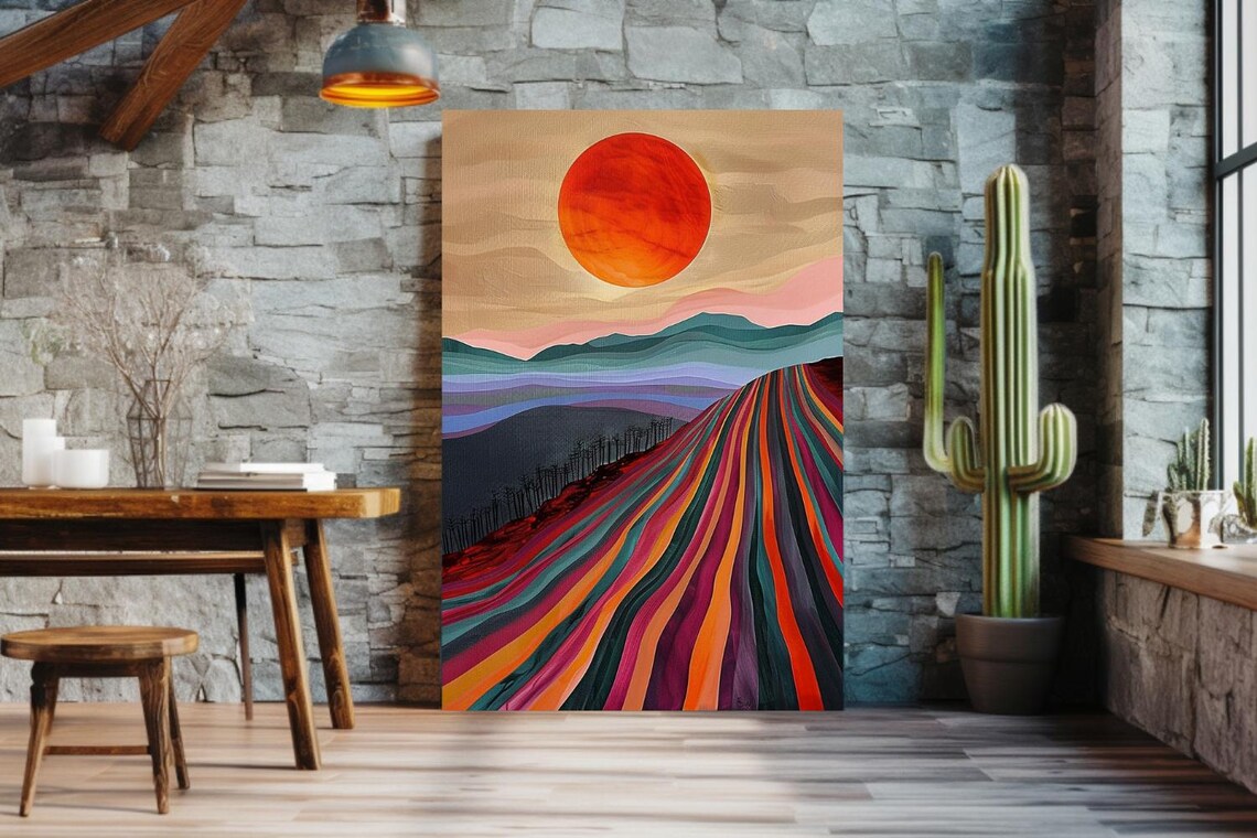 Horizon Of Colors Striped Desert Road Under Red Sun Art Poster