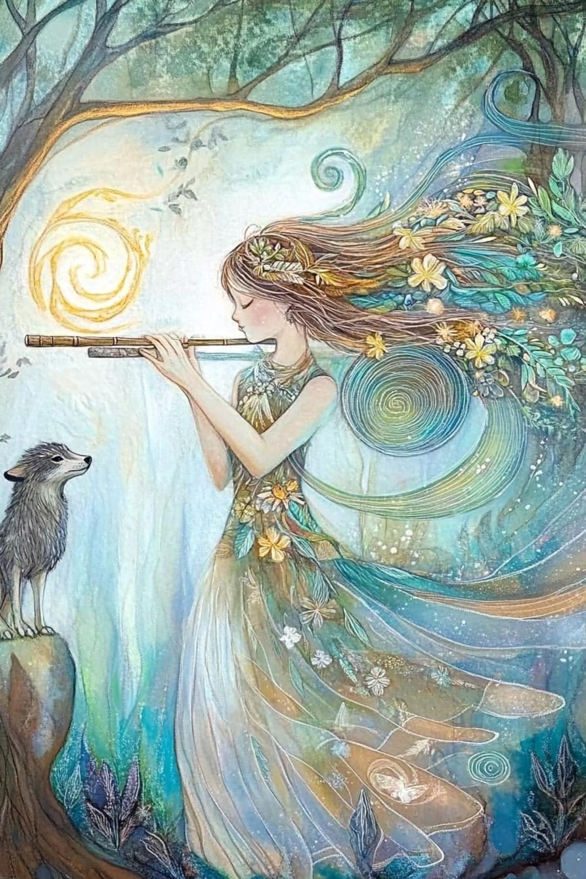 Forest Goddess Playing Flute with Wolf Fantasy Teal Painting Poster - Image 2