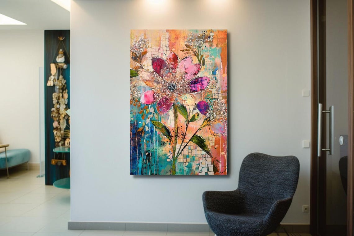 Pink Mosaic Flower On Turquoise And Peach Abstract Botanical Poster - Image 2