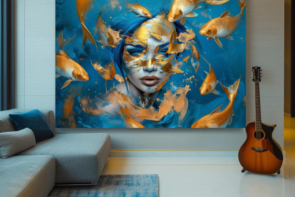 Woman's Portrait Surrounded By Golden Koi Fish On Blue Water Poster