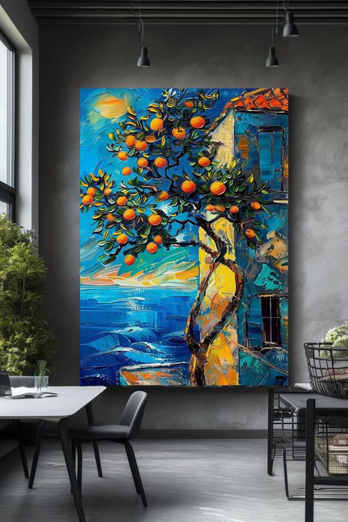 Sun Tree Orange Tree By The Blue Sea Impasto Style Art Poster - Image 3