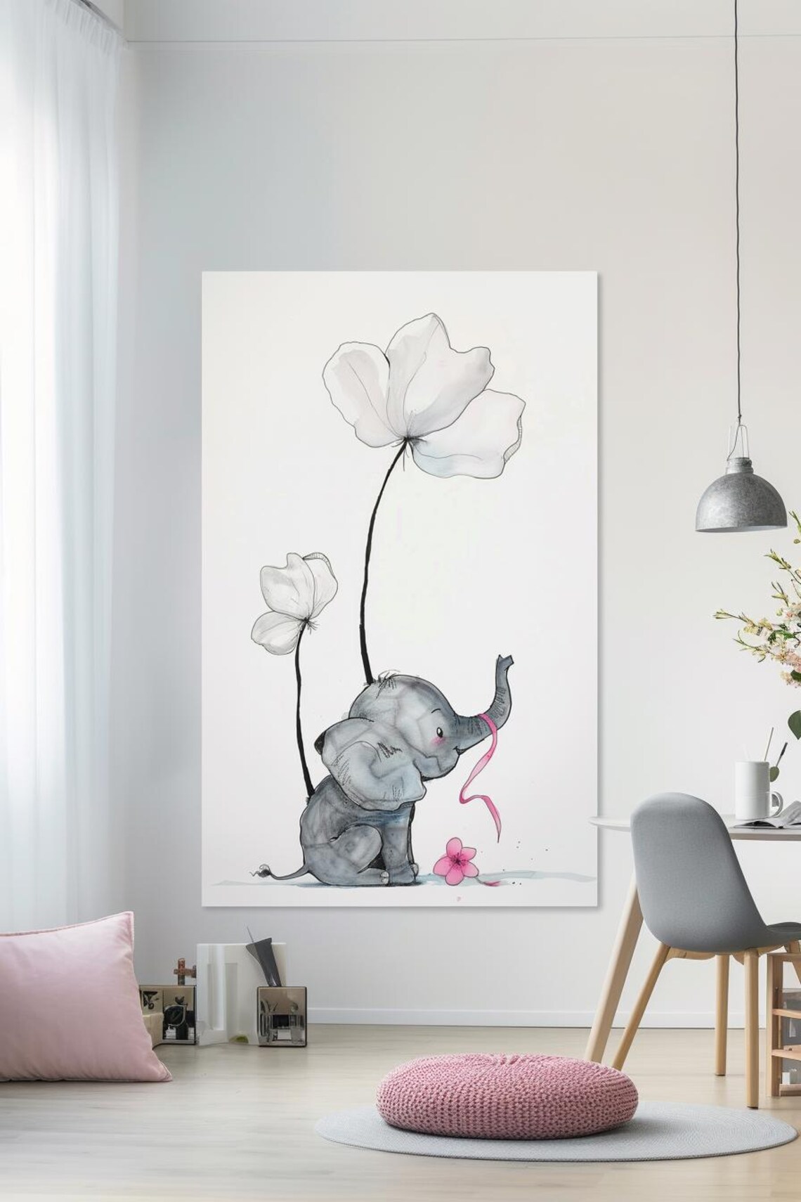 Gentleness Baby Elephant With Giant Flowers Watercolor Poster