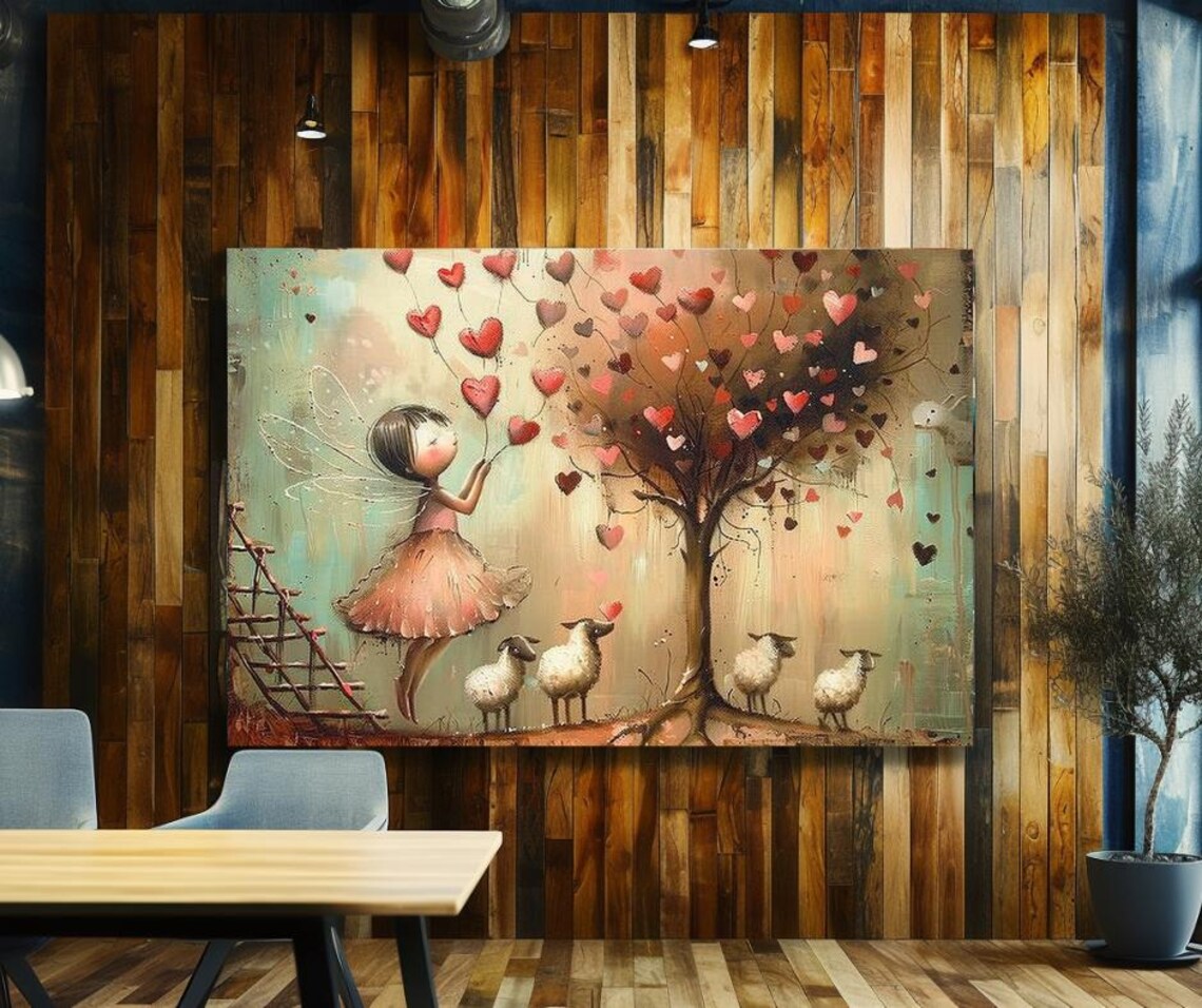Heart Fairy Girl Releasing Heart Balloons Among Sheep Art Poster - Image 3