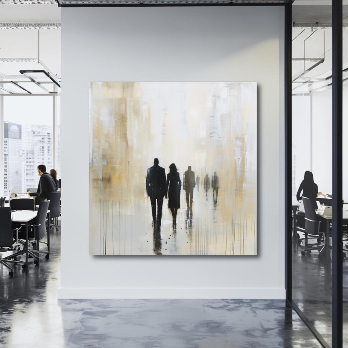 Silhouettes Walking Away Into Golden Mist Minimalist Art Poster