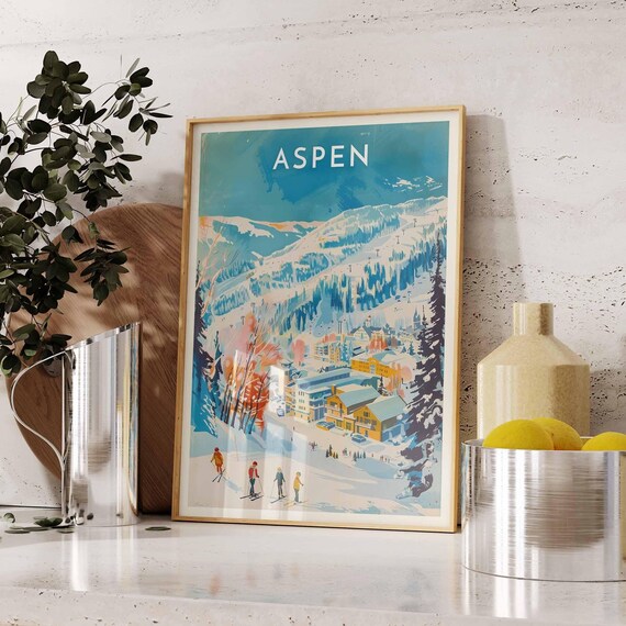 Aspen Colorado Teal Ski Village Winter Mountain Panorama Poster