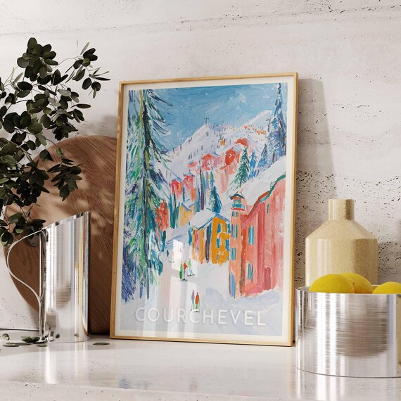 Courchevel France Colorful Painted Ski Street Poster with Pine Trees