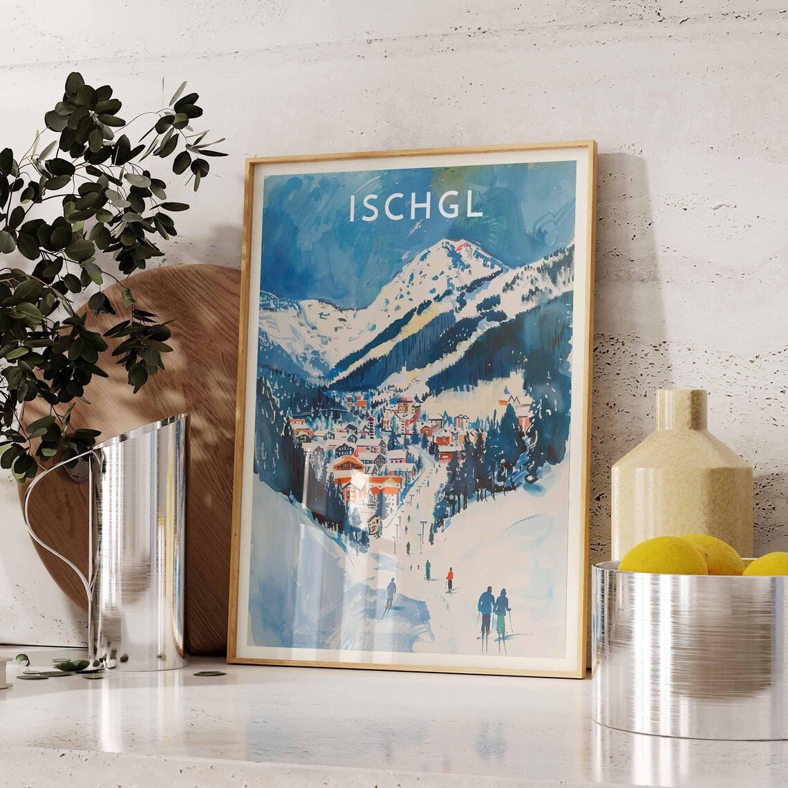 Ischgl Austria Skiers Pine Valley Village Winter Travel Poster