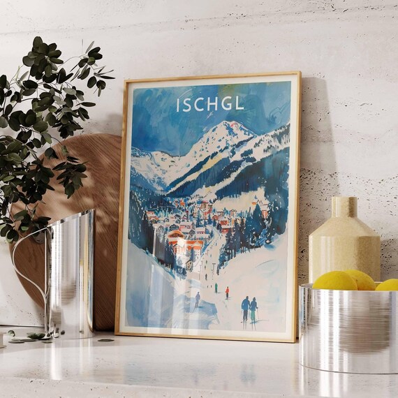 Ischgl Austria Skiers Pine Valley Village Winter Travel Poster