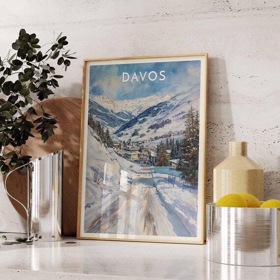 Davos Bright White Piste Leading to Town Sunny Winter Slope Poster