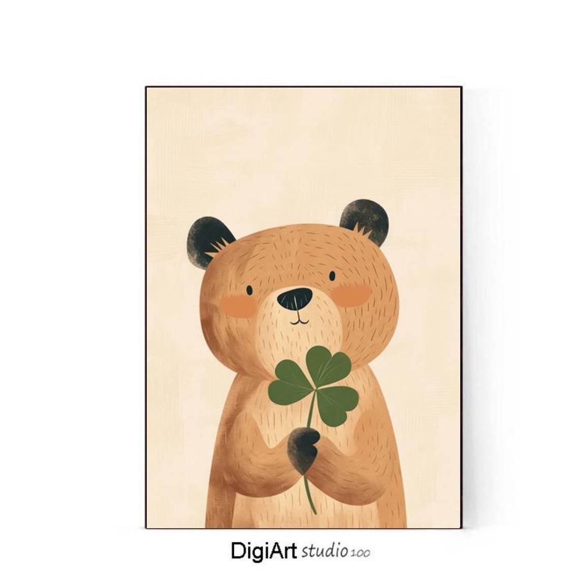 Cute Bear Holding Four Leaf Clover Nursery Illustration Poster