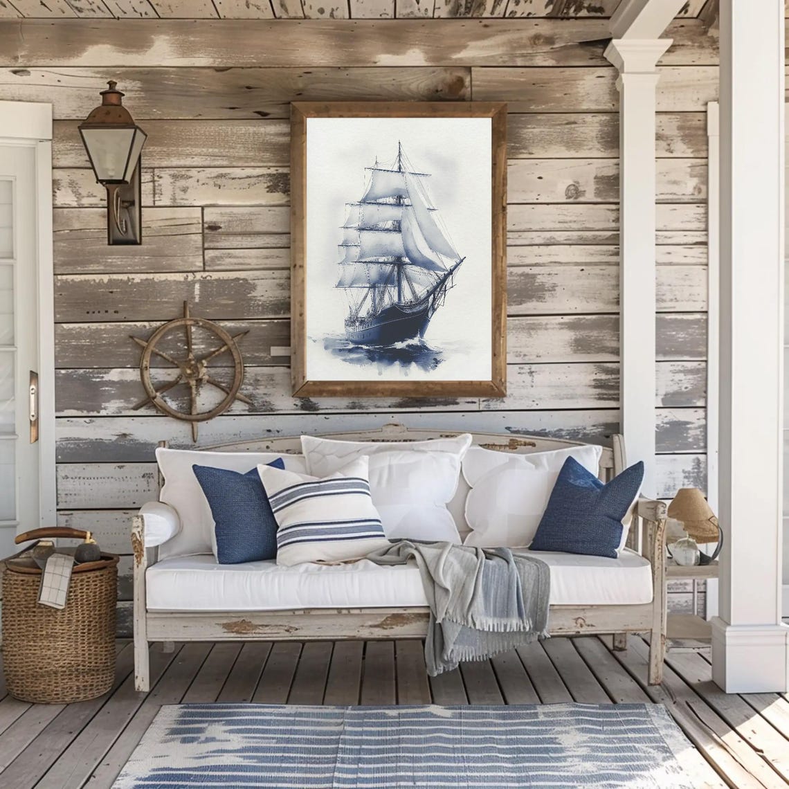 Tall Ship with White Sails in Blue Ink Watercolor Seascape Poster - Image 2