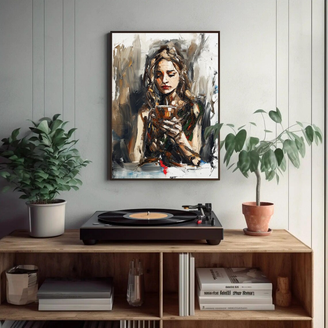 Woman Holding Coffee Cup Expressive Oil Painting Portrait Poster - Image 3