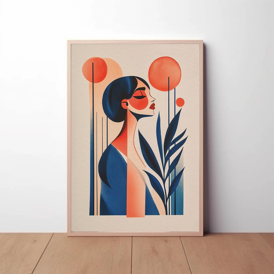 Mid Century Woman Profile Orange Sun Navy Illustration Poster - Image 3
