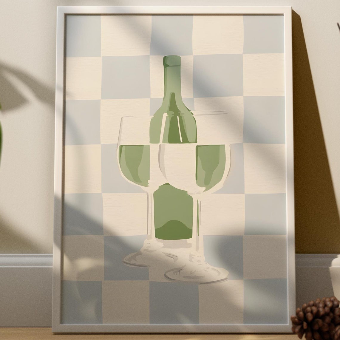 Wine Bottle and Two Glasses on Blue Checkerboard Kitchen Art Poster - Image 4