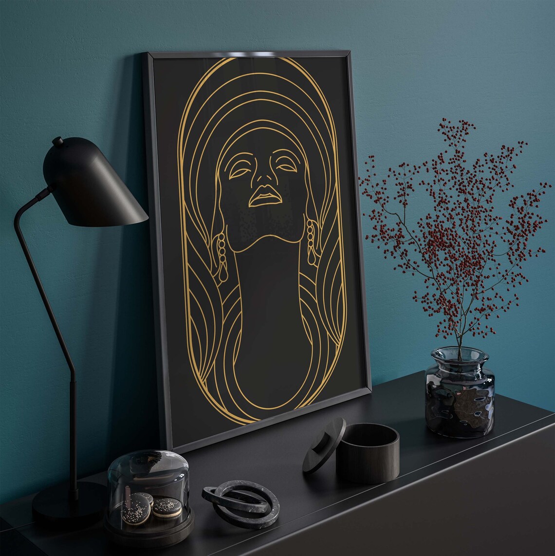 Golden Line Art Woman Portrait on Black Mucha Style Art Poster - Image 4