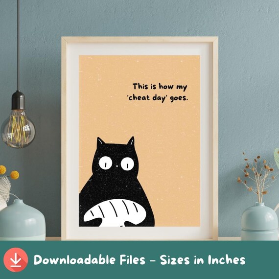 Funny Black Cat Cheat Day Bread Quote Whimsical Kawaii Poster