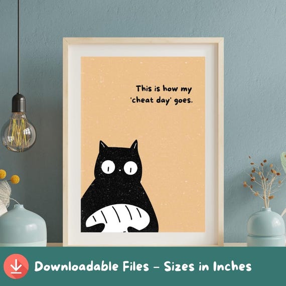 Funny Black Cat Print Cheat Day Bread Kawaii Kitchen Decor A2a5