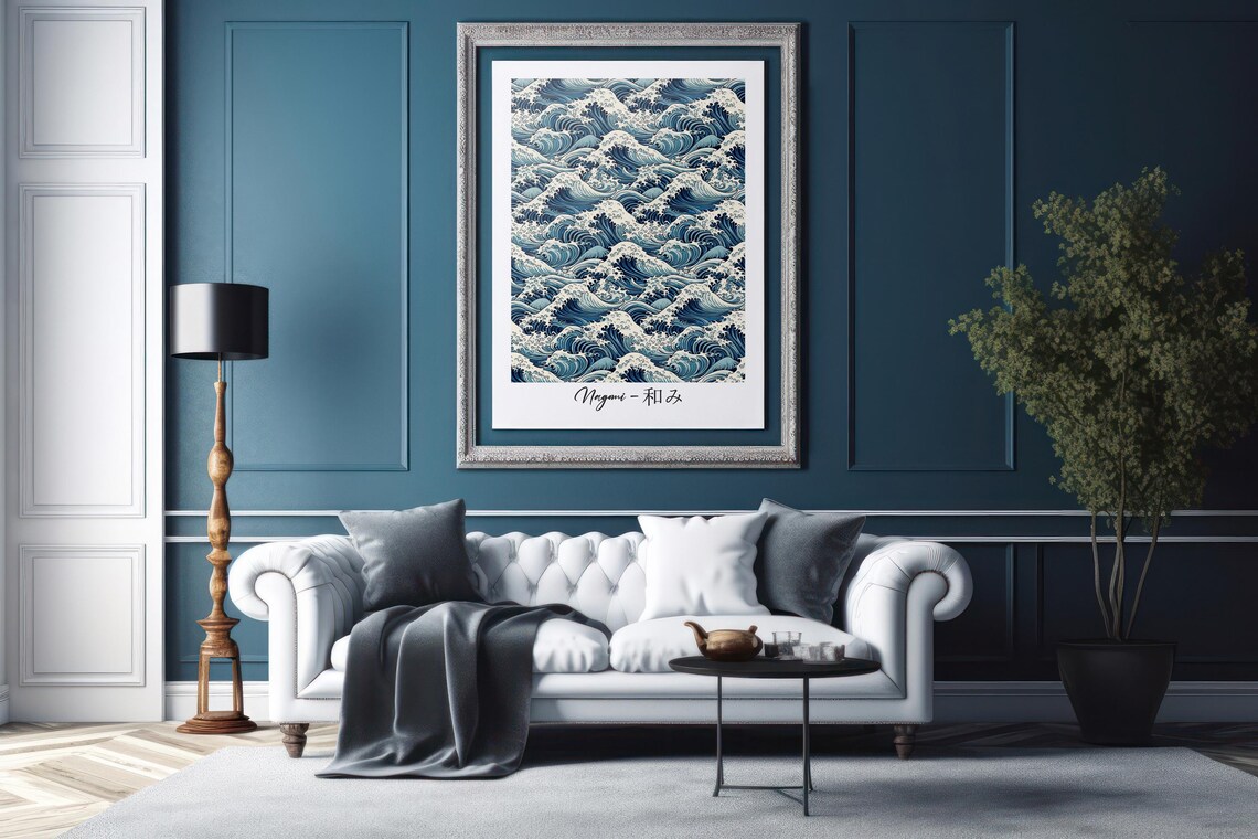 Blue Wave Japanese Art, Minimalist Zen Decor