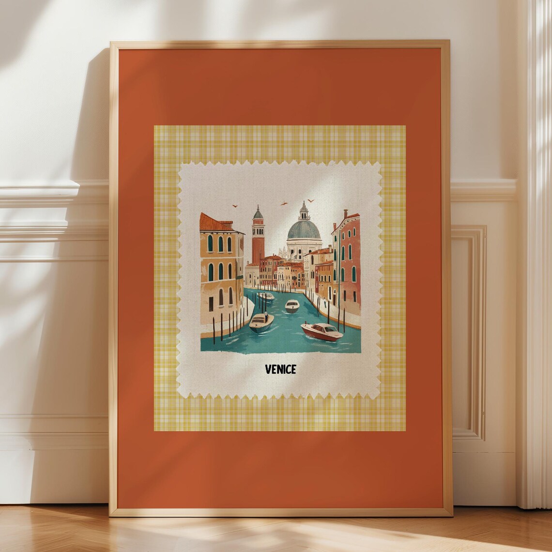 Venice Italy Canal Boats Stamp Style Orange Mat Framed Poster
