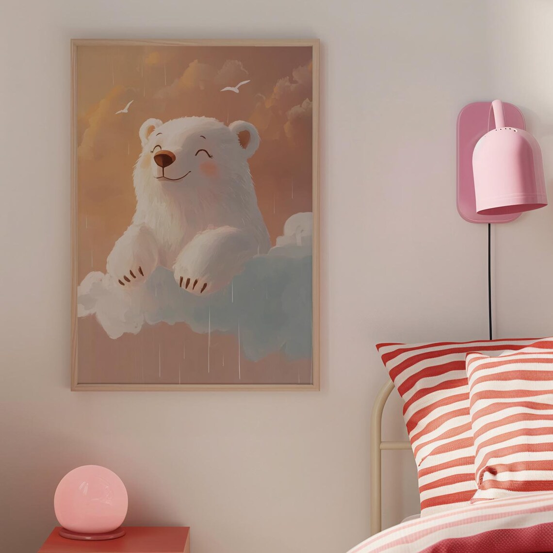 Cute Smiling Polar Bear Sitting on Soft Clouds Nursery Poster - Image 4