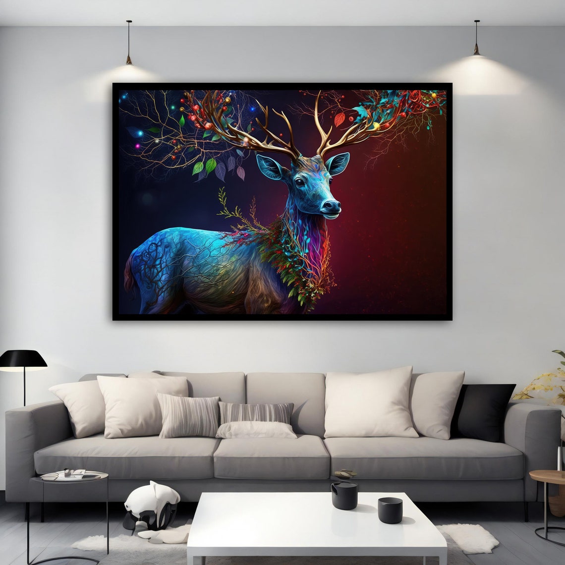 Glowing Blue Stag with Tree Branch Antlers Fantasy Animal Art - Image 3
