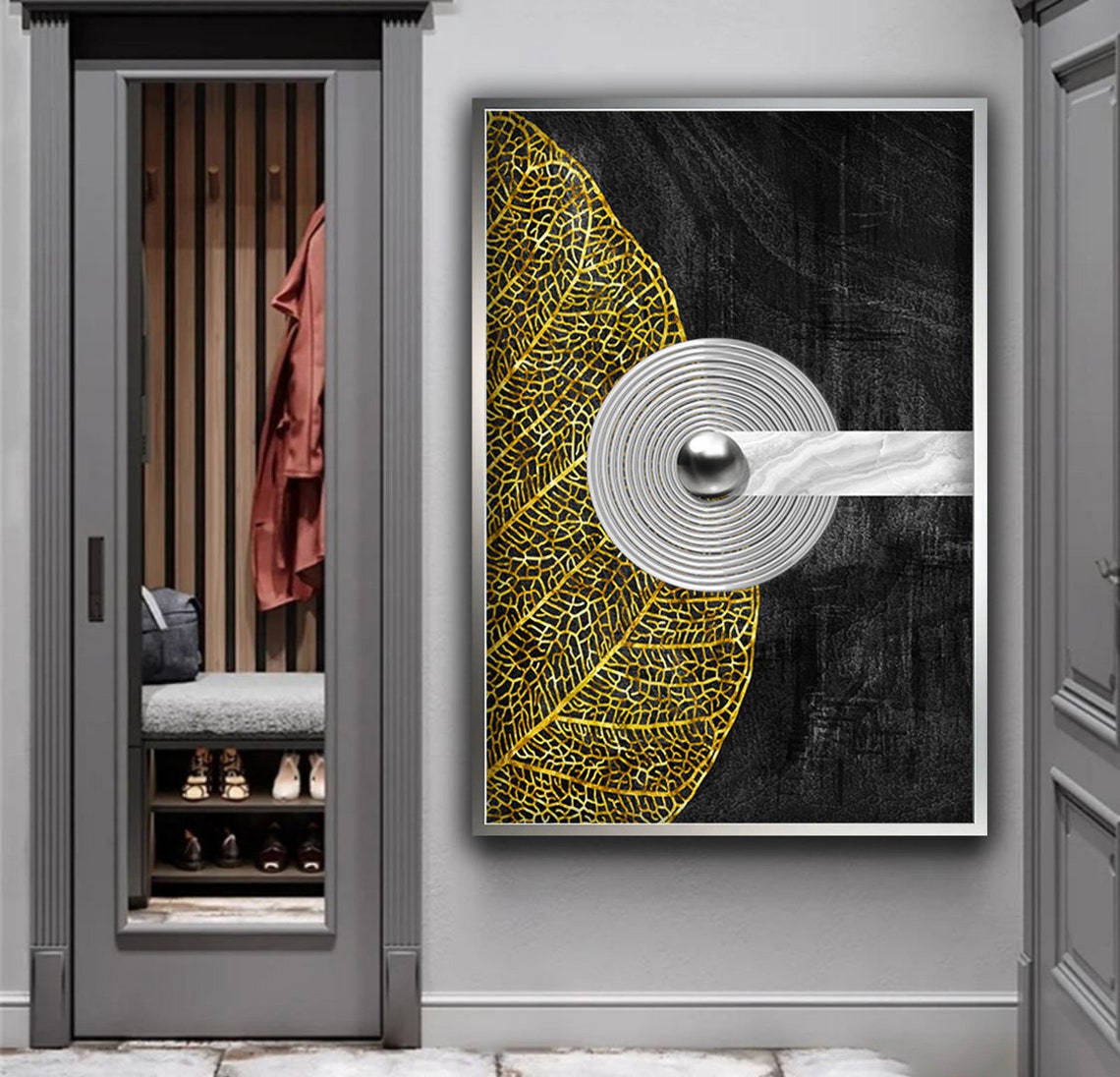 Black and Gold Leaf Skeleton Circle Marble Modern Wall Art Poster - Image 4