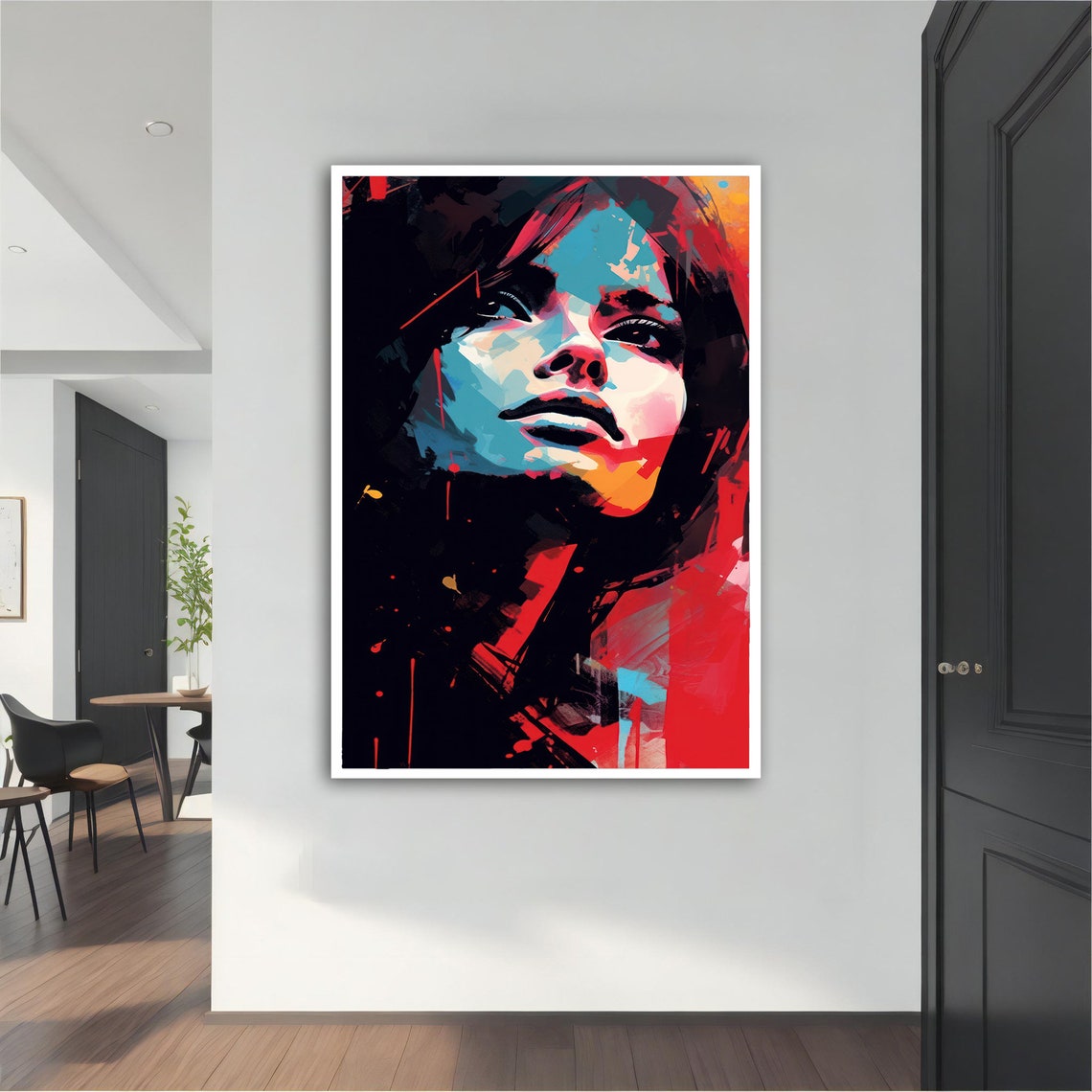 Bold Pop Art Woman Portrait Blue Pink Face Red Splash Wall Art