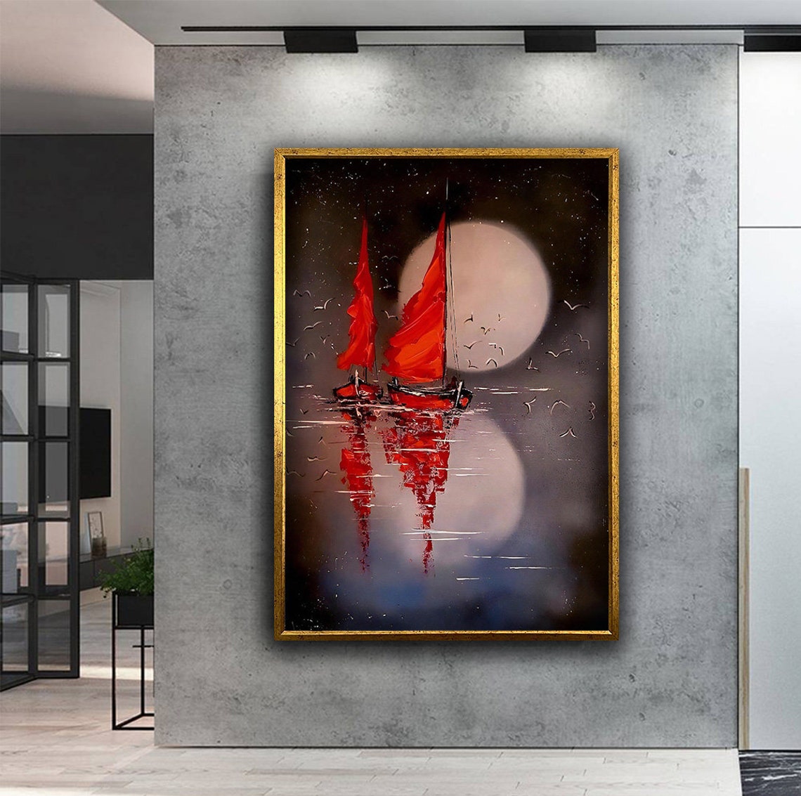 Red Sailboats Full Moon Night Sea Abstract Seascape Art Poster - Image 3