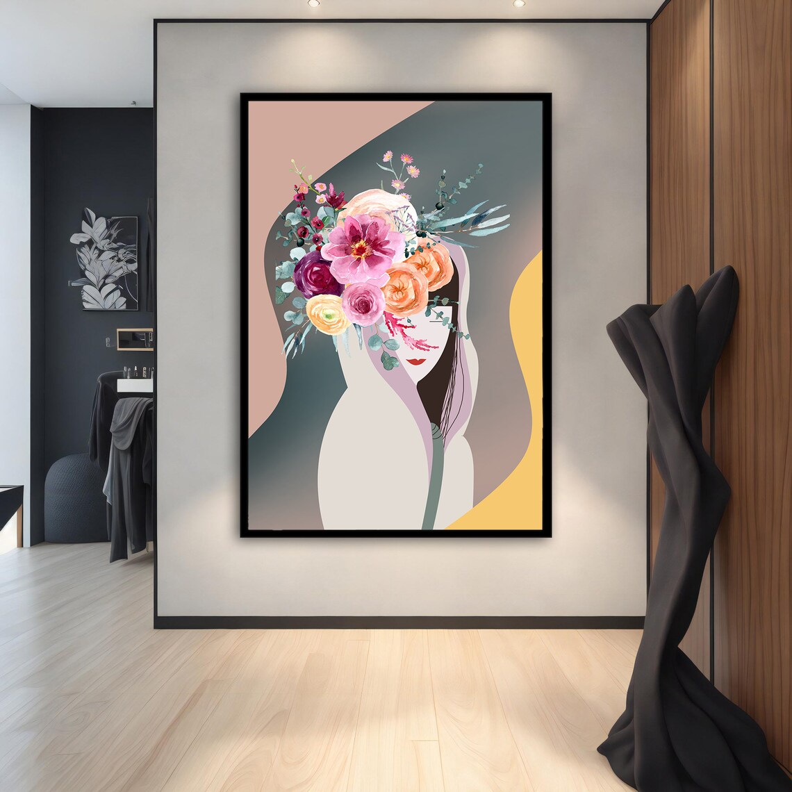 Faceless Woman Flower Bouquet Head Pastel Surreal Portrait Wall Art - Image 2