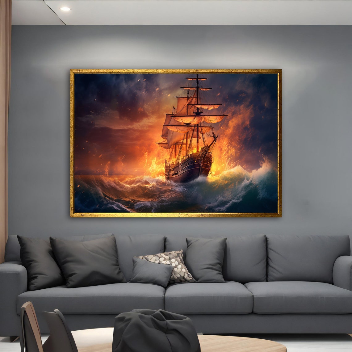 Tall Ship Fiery Sunset Sails Dramatic Ocean Waves Wall Art Print - Image 4