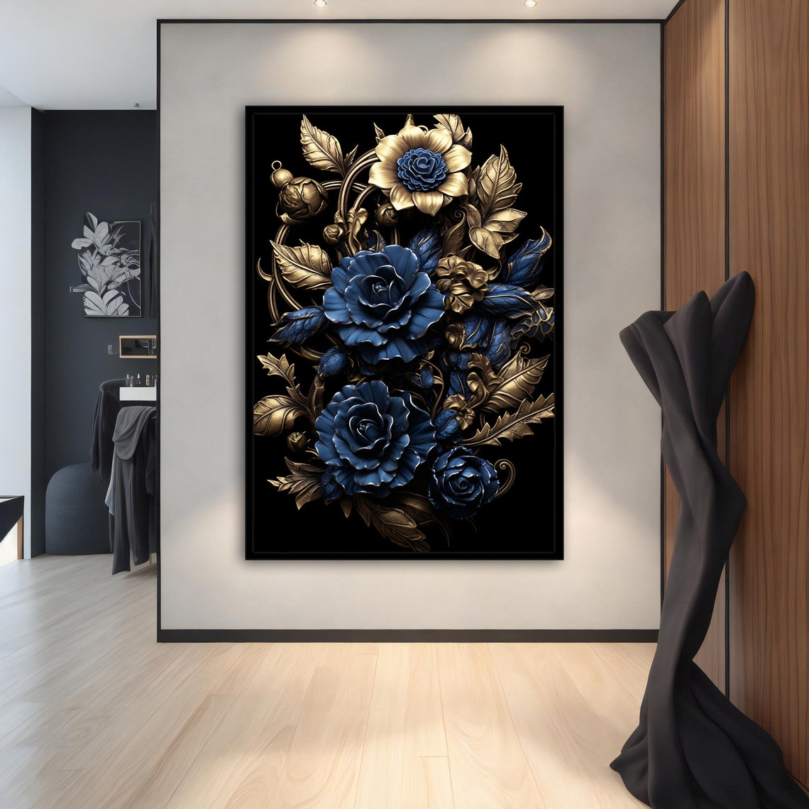 Luxury Blue Roses Gold Baroque Leaves Black Floral Elegant Wall Art - Image 2