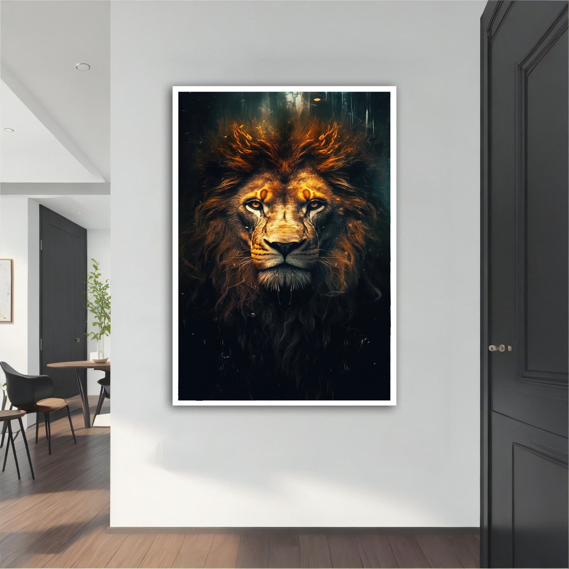 Fiery Lion Portrait Orange Mane Dark Background Majestic Animal Poster